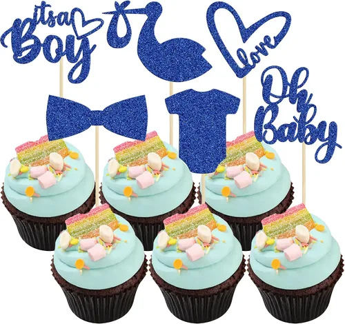 Miniatura 13 de Gyufise 36 piezas Adornos para cupcakes de baby shower con purpurina, chupete, carrito de bebé, oso, Oh Baby, púas para cupcakes para revelación
