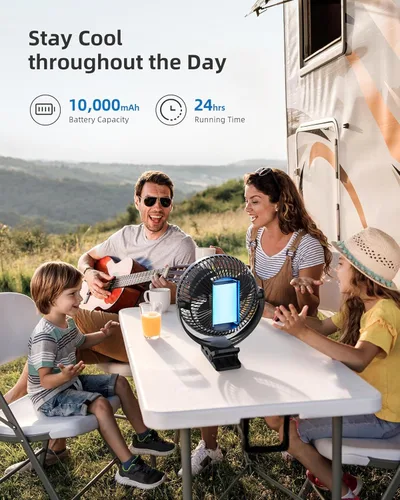 Miniatura 7 de Koonie-Ventilador de clip, 10,000 mAh, recargable, 8 pulg, USB, 4 velocidades, fuerte flujo de aire, abrazadera, p/carrito de Negro
