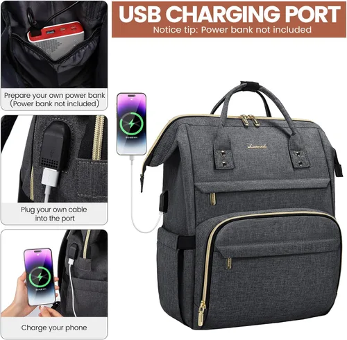 Miniatura 4 de LOVEVOOK - Mochila para laptop para mujer, de viaje, de negocios, de trabajo, bolso para computadora, Gris oscuro, 17 pulg.
