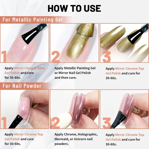 Miniatura 6 de Capa base de 0.5 fl oz para gel de pintura metálica, esmalte base sin limpiar para polvo de uñas cromado, gel de uñas de espejo, fácil de hacer