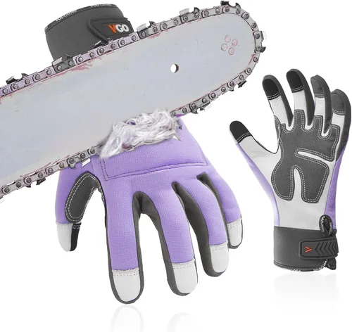 Miniatura 7 de Vgo... Guantes de motosierra, protección de sierra de 12 capas en la parte trasera izquierda/ambas manos, guantes de cuero de vaca, pantalla táctil