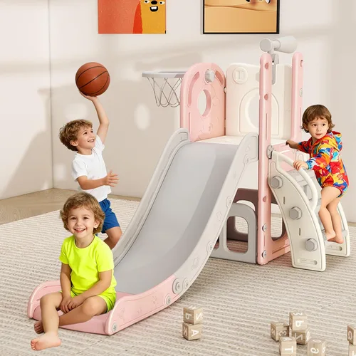 Miniatura 10 de Tobogán 6 en 1 para niños pequeños, deslizador para niños de 1 a 3 años, conjunto de juegos de interior y exterior con aro de baloncesto