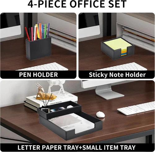 Miniatura 2 de Paquete de 4 suministros de oficina/organizador de escritorio de cuero para bandeja de papel para cartas, soporte para notas adhesivas, taza