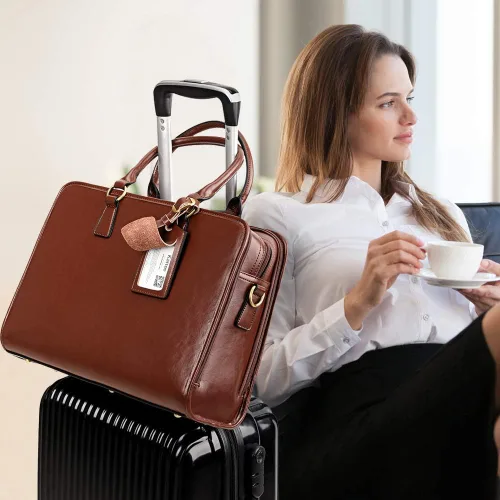 Miniatura 30 de Kattee Maletín de cuero genuino para mujer, bolsa de computadora portátil de gran capacidad con etiqueta de equipaje