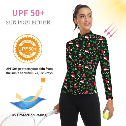 Miniatura 192 de WOWENY Camiseta deportiva de manga larga para mujer, con cremallera de un cuarto, cuello para entrenamiento, camiseta de tenis con estampado