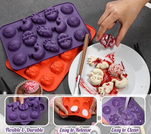 Miniatura 4 de Moldes de Chocolate de Halloween Kamehame, Molde de Silicona en Forma de Cerebro, Molde de Órgano de 15 Cavidades con Forma de Cerebro, Ojo