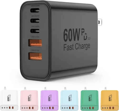 Bloque de cargador USB C, bloques de carga 5 en 1 de 60 W, cargador rápido PD 3.0, enchufe de pared negro QC 2A, bloque de carga multipuerto tipo C