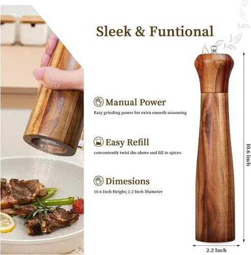 Miniatura 3 de 1 paquete – Molinillo de pimienta de madera de acacia de 10 pulgadas de alto o molino de sal elegante molino de pimienta de madera con un rotor