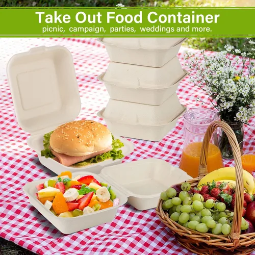 Miniatura 2 de greensight Contenedor de comida compostable para llevar de 6 x 6, paquete de 100 recipientes desechables de almeja para alimentos, cajas