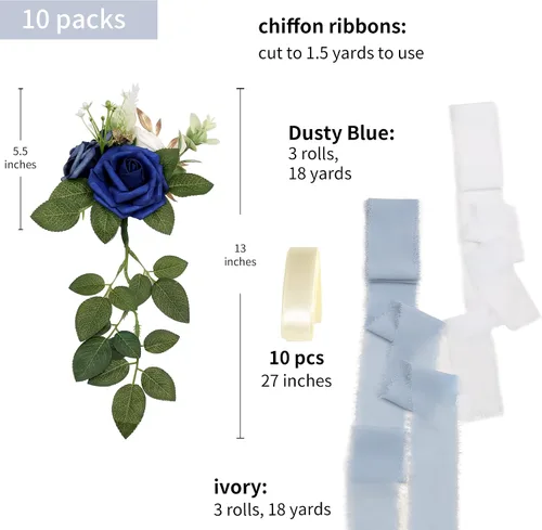 Miniatura 2 de Arreglo floral de pasillo para la ceremonia de la boda, juego de 10 flores para sillas de la iglesia, decoración para fiestas con flores Azul