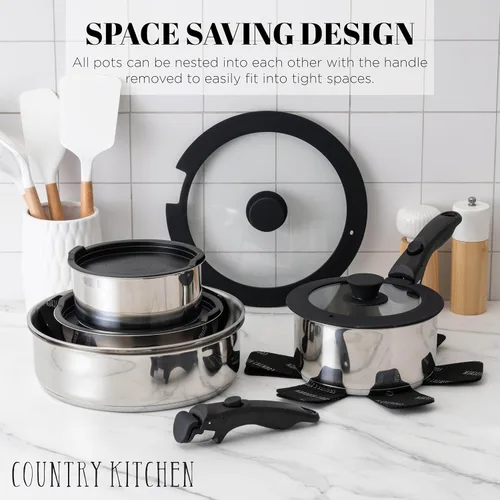 Miniatura 3 de Country Kitchen Juego de utensilios de cocina con mango extraíble, juego de ollas y sartenes aptas para horno y caravana, acero inoxidable, original