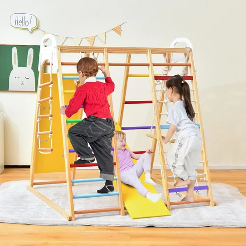 Miniatura 9 de GLACER Gimnasio de la selva 8 en 1, gimnasio de escalada interior de madera con tobogán, columpio, barras de mono, escalera de cuerda, escalada