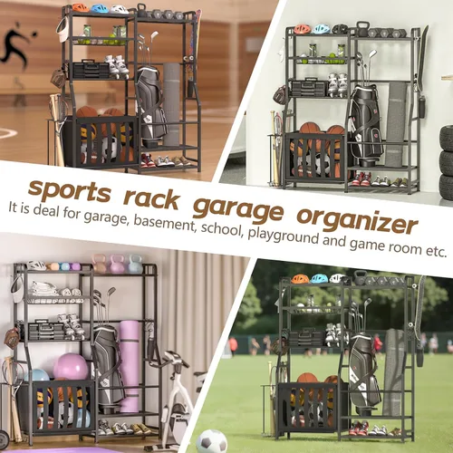 Miniatura 4 de Faesun Organizador de equipos deportivos de garaje, estante de almacenamiento para bolsas de golf, soporte de pelota resistente con cesta y ganchos