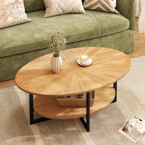Miniatura 12 de Mesa de Centro Ovalada de Madera Maciza con Patas de Metal Cruzadas, Mesa Central Industrial Moderna de 43.3 Pulgadas con Estante Abierto Mesa