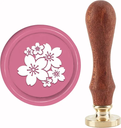 CRASPIRE Sello de cera con diseño de flores de cerezo, sello de cera de 1.181 in/1.18 pulgadas, cabeza de latón extraíble con mango de madera para