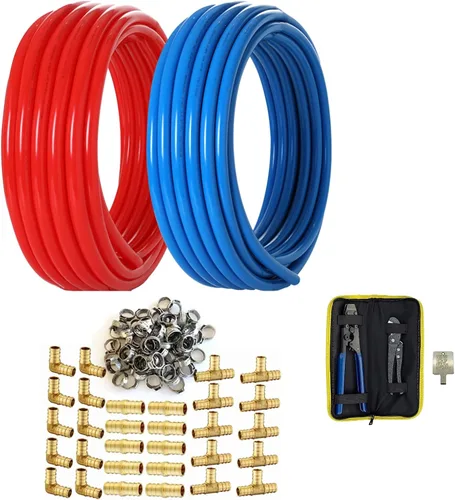 Kit de tubería/herramienta PEX-B de 1/2 pulgada, tubo PEX azul y rojo de 200 pies, 30 accesorios de latón, abrazaderas de 100 cinchas, herramienta