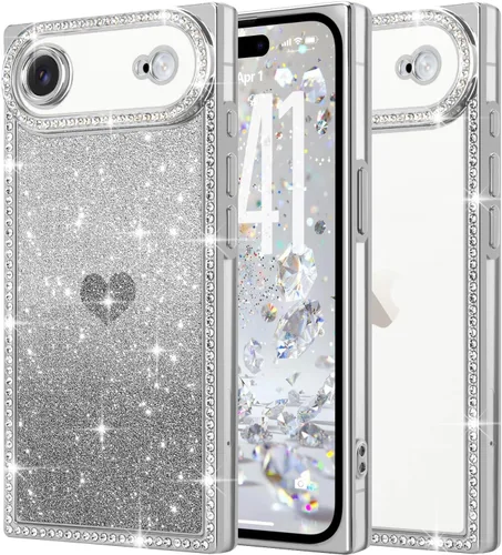 Miniatura 32 de Funda para iPhone 13, funda de diamantes de imitación de lujo con patrón de corazón de amor de cristal [papel con purpurina extraíble], parachoques