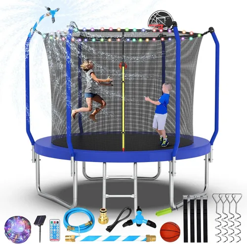 Miniatura 10 de Lyromix Trampolín mejorado de 8 pies/10 pies/12 pies/14 pies con aro de baloncesto, luz, aspersor, estacas – patio trasero al aire libre para 4-6