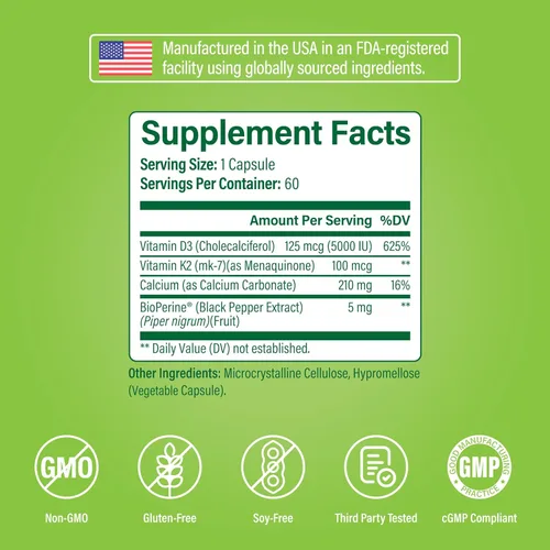 Miniatura 6 de Noophoric Vitamina D3 K2 5000 UI, D3 con K2 MK7, cápsulas de vitamina D3 K2 con calcio y bioperina, sin OMG, sin gluten, sin soja, 60 cápsulas