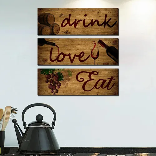 Miniatura 7 de 3 piezas de arte de pared de vino tinto con diseño de barril de madera, para comer, beber, letreros de madera para decoración de cocina, frutas