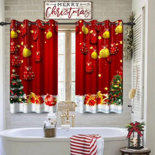 Miniatura 9 de Cortinas con adornos de Navidad impresos, cortinas para ventana de chimenea, calcetines de Navidad, árboles de Navidad, regalos, paneles opacos