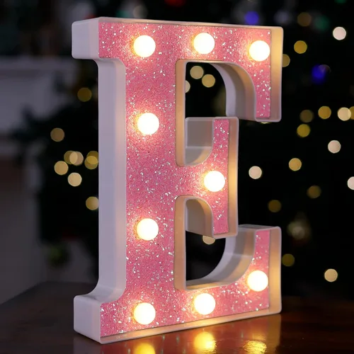 Letras con luces LED, letras de marquesina con brillantina rosa, letras del alfabeto, letreros iluminados por pilas, para decoración de fiestas del