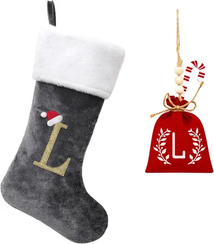 Miniatura 159 de Calcetines de Navidad bordados de 20 pulgadas con monograma, terciopelo negro con puño de felpa blanca supersuave, adornos clásicos para decoración