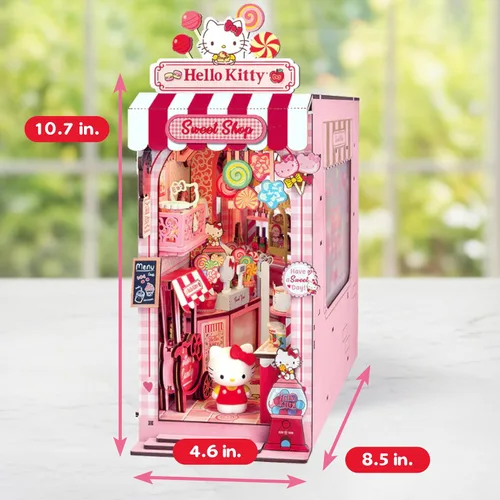 Miniatura 6 de Hands Craft Hello Kitty Sweet Shop - Kit de rincón de libro – Inserto de estante en miniatura oficial de Sanrio DIY con LED táctil, rompecabezas 3D