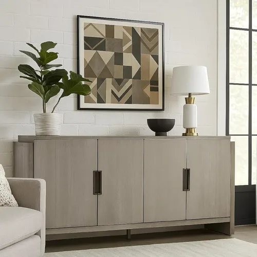 Miniatura 2 de Benzara Gris Sideboard Server, 4 Doors w Metal Handles, 60 Inch Stone Gray
