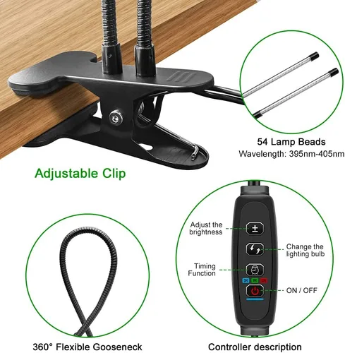 Miniatura 4 de Luz LED negra, temporizador de 3, 9 y 12 horas, 10 niveles regulables, luz UV, cabezal doble, 54 LED, luz negra, lámpara UV LED de 395-405 nm