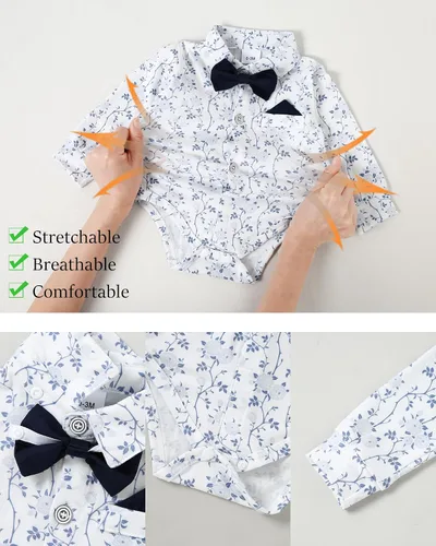 Miniatura 4 de WESIDOM Ropa de bebé niño 0-18M recién nacido traje de caballero, camisa+pajarita+boina+pantalón con tirantes Conjunto de ropa para bebé niño