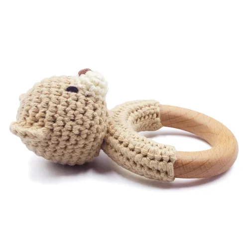 Miniatura 2 de Joliecraft Juguetes Sonajeros de Madera de Animales de Safari para Bebé, Sonajero de Ganchillo Relleno con Anillo Mordedor para Recién Nacido, Oso