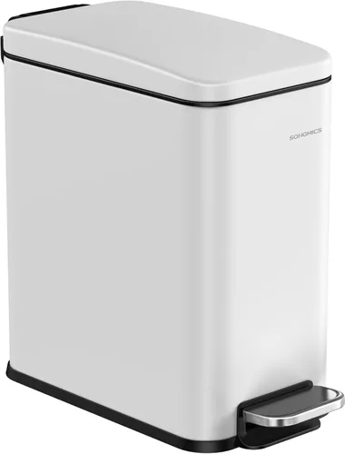 SONGMICS Basurero de baño, 1.3 galones (5 L) pequeño con tapa, delgado para espacios pequeños, cubo de basura de acero inoxidable, cierre suave,