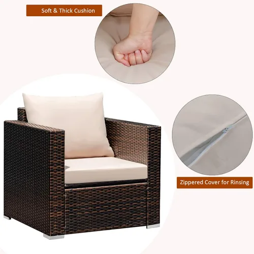Miniatura 2 de Juego de muebles de mimbre de ratán de 3 piezas para exteriores con cojín resistente al agua y mesa de vidrio templado, juego de muebles de patio