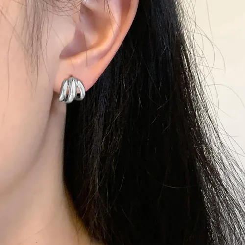 Miniatura 7 de ABILITH Aretes triples de plata y oro para mujer, aretes de aro de dos tonos de oro grueso de 18 quilates
