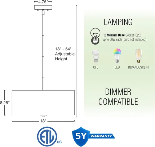 Miniatura 4 de Kira Home Pearl - Lámpara colgante moderna de tambor grande de 18 pulgadas, 3 luces, pantalla texturizada blanca + difusor de vidrio, altura Latón