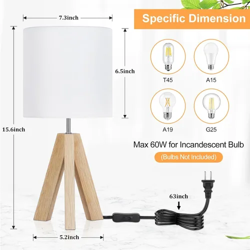 Miniatura 4 de Lámpara de mesa pequeña de madera, lámpara de mesa de trípode de madera con pantalla de tela blanca, linda lámpara de mesa boho minimalista