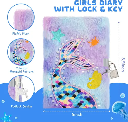 Miniatura 4 de homicozy Diario de sirena para niñas con cerradura y llaves, diario esponjoso tie-dye para niños con 160 páginas rayadas, cuaderno secreto mullido