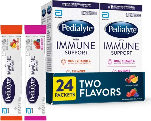 Miniatura 7 de Pedialyte con soporte inmunológico, bebida en polvo de electrolitos con vitamina C y zinc, hidratación avanzada, ponche de frutas, 24 sobres de polvo