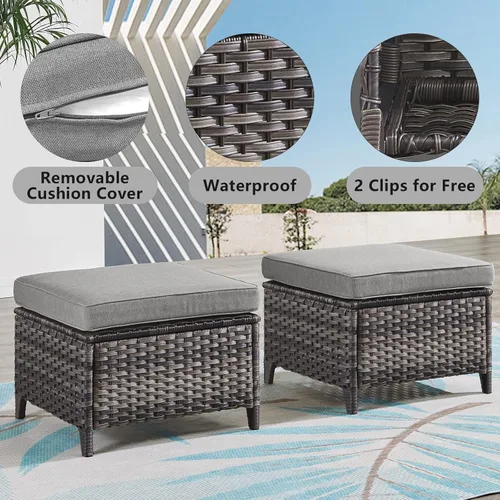 Miniatura 4 de Belord Juego de 2 taburetes otomanos de mimbre de ratán para todo tipo de clima, con cojines suaves para muebles de patio Cojín de mimbre gris/gris