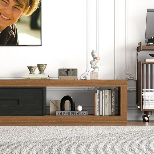 Miniatura 6 de Soporte de TV extensible de 80 a 115 pulgadas para TV de 120 pulgadas, centro de entretenimiento moderno de madera de nogal, mesa consola Negro