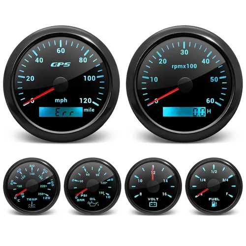 ARTILAURA - Juego de 6 calibradores 85mm 3-3/8" GPS velocímetro 120MPH, tacómetro, 52mm 2-1/16" nivel de combustible, temperatura del agua, presión