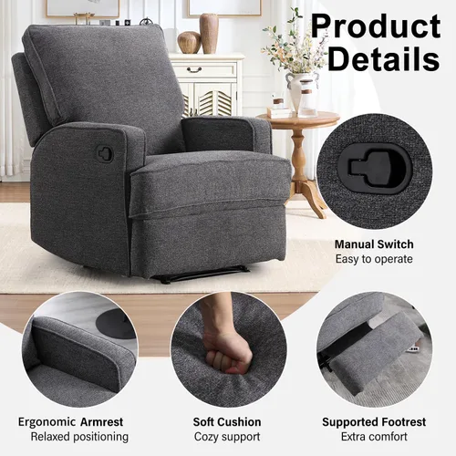 Miniatura 3 de INZOY Sillón reclinable manual con respaldo más grueso, sillón manual de tela suave con cojín acolchado, sofá reclinable resistente para sala de Gris