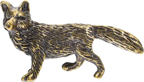 Mini figura de zorro de latón pequeño, figura de zorro dorado de latón macizo para estante de escritorio, decoración del hogar, escultura pesada de