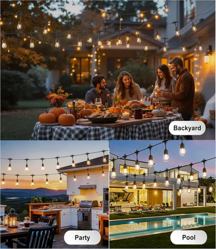 Miniatura 6 de Tira de luces para exteriores, luz de patio de 100 pies con 32 bombillas Edison regulables S14 inastillables, iluminación exterior resistente al