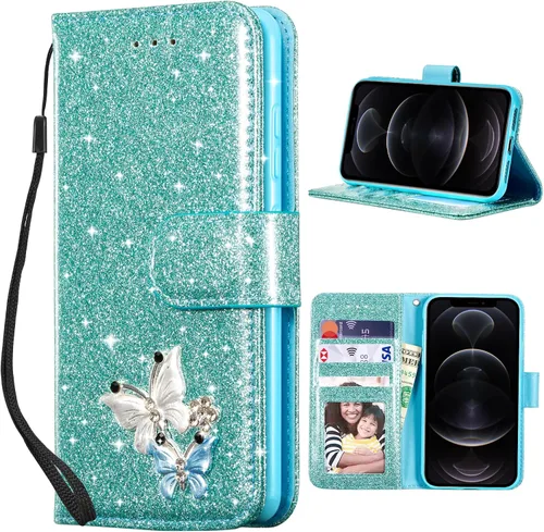 Miniatura 15 de UEEBAI Funda tipo cartera para iPhone 11, funda de piel sintética con purpurina para teléfono, ranuras para tarjetas, funda con función atril