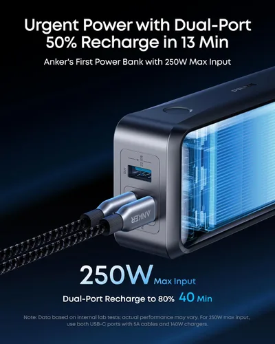 Miniatura 4 de Anker Prime Power Bank, banco de energía portátil de 3 puertos de 26,250 mAh con salida máxima de 300 W, carga bidireccional, aprobado por la TSA