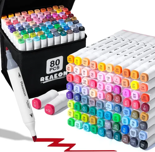 Reaeon Marcadores artísticos con alcohol, juego de marcadores de doble punta fina y cincel, 80 colores, marcadores de arte permanentes para adultos,