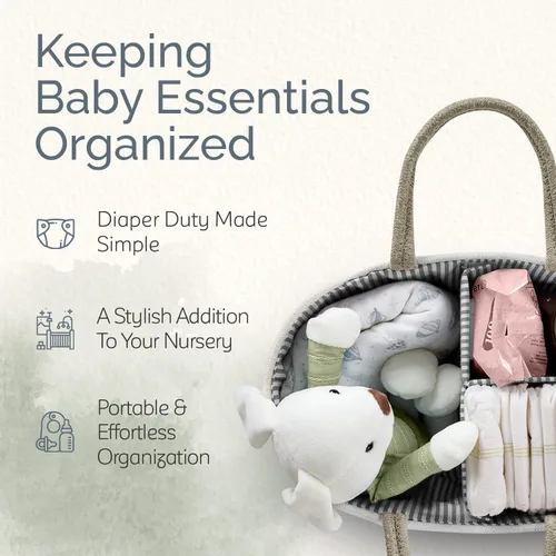 Miniatura 2 de KiddyCare Organizador de pañales tejido, canasta portátil multifuncional grande de color gris con asa, regalo de bebé para niños y niñas, Natural