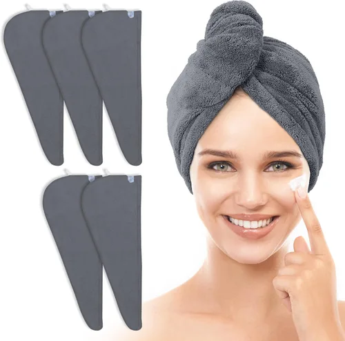 Miniatura 9 de TENSTARS Paquete de 5 Toallas de Microfibra Engrosadas para Cabello para Mujeres - Diseño de Lazo Elástico - 320GSM Terciopelo Coral - Turbante